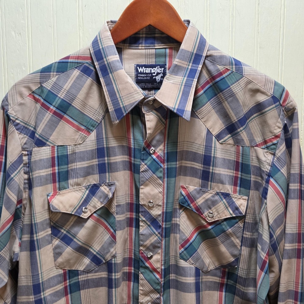 Vintage Wrangler Shirt Mens XL Beige Plaid Long Sleeve Western Snap Pockets USA